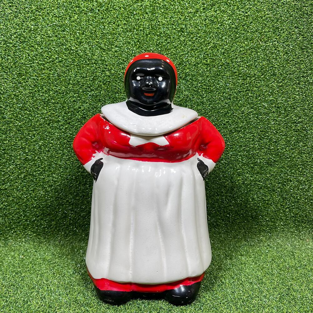 Vintage Black Mammy Ceramic Cookie Jar Americana Red White Figural Kitchen